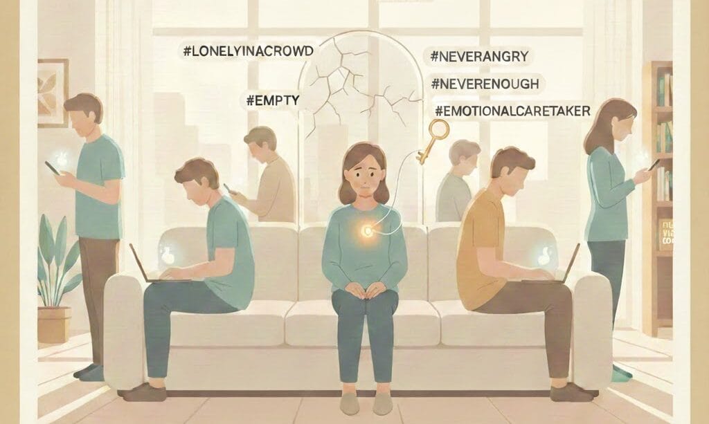 Illustration representing the 'Internalizer' coping style from Lindsay Gibson's book. Features a woman feeling invisible and emotionally lonely with hashtags #EmotionalCaretaker and #NeverEnough, depicting the psychological impact of emotionally immature parenting